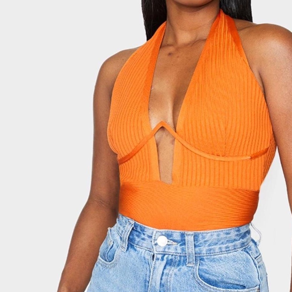 PrettyLittleThing Orange Bandage Rib V-Wire Halterneck Bodysuit – Size 2